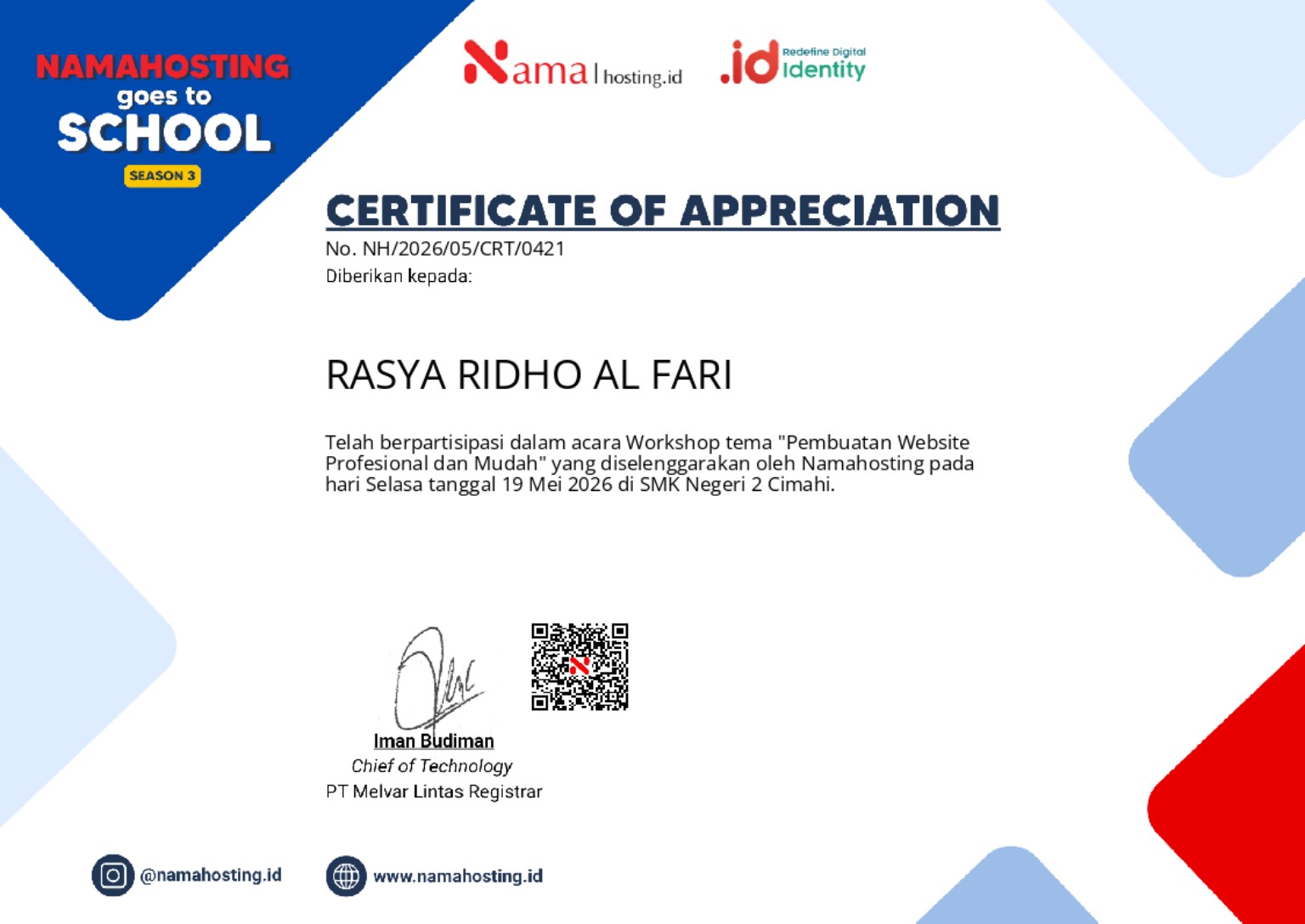 Certificate of Appreciation NamaHosting