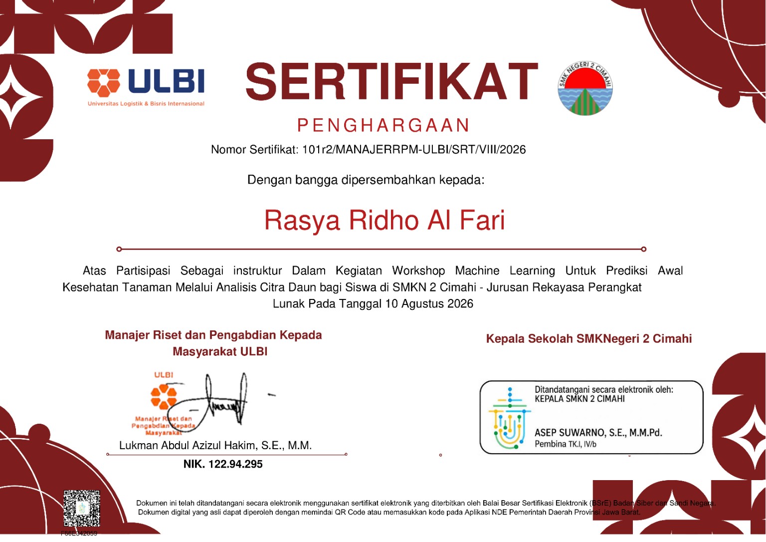 Sertifikat Penghargaan Workshop Machine Learning